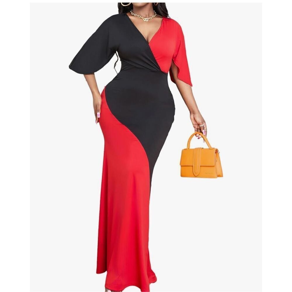 NEW Elegant V Neck 3/4 Sleeve Casual Long Maxi Dress M